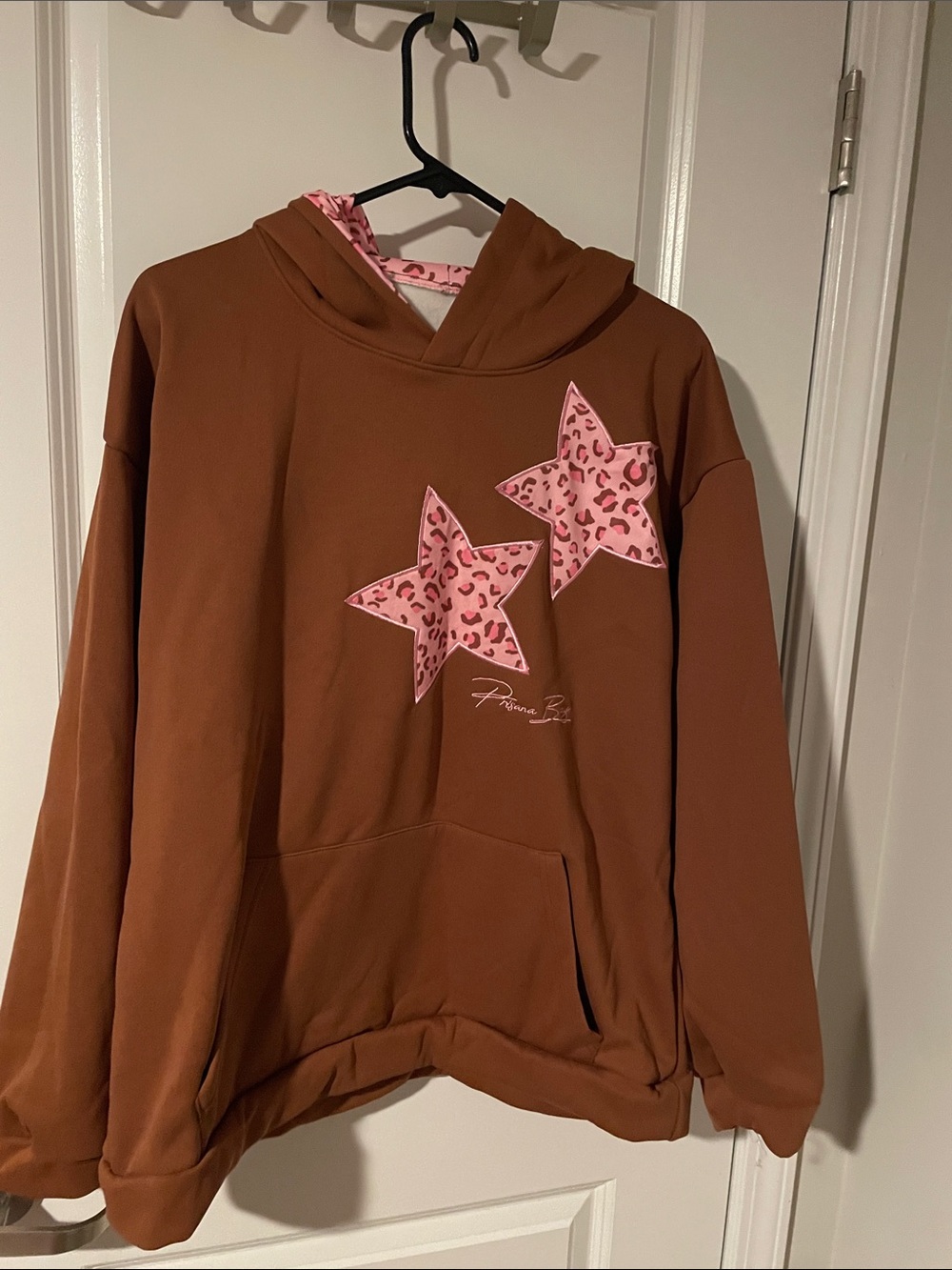 Brown Pullover Hoodie Sweater with Pink Star Appliqués by Prisana Bay